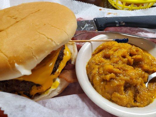 Big Mike burger with sweet potato casserole