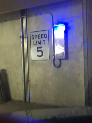 5 mph speed limit. Also, emergency boxes on every level.