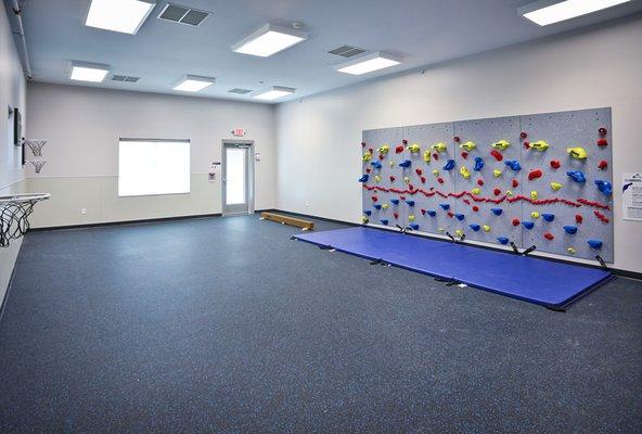 Gym with climbing wall, basketball hoops, and more for those cold days or just more gross motor!