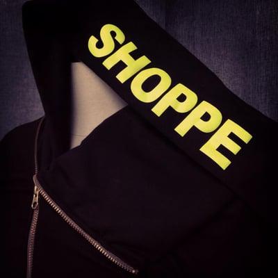 Asymmetrical French terry #hoodie with #neon #vinyl lettering by SHOPPE