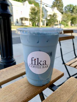 Blue Zen Tea Latte (iced) -- butterfly pea powder, lemon chamomile tea, jasmine syrup & milk