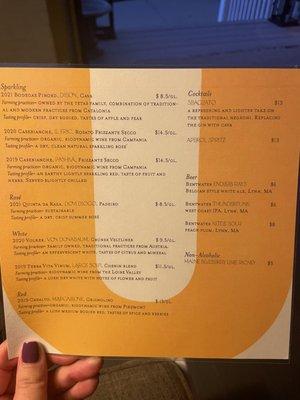 Wine bar menu