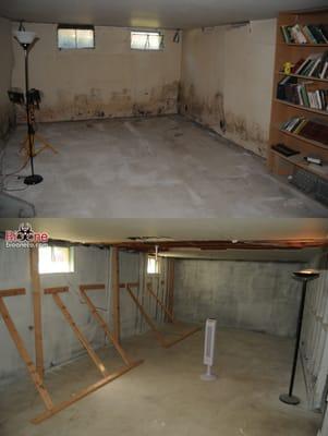 Another view of basement after Bio One treated, removed drywall then braced the wall.