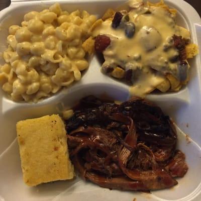 Brisket, Mac and cheese, chili nachos, cornbread.  Portion of brisket seems a little small to me.