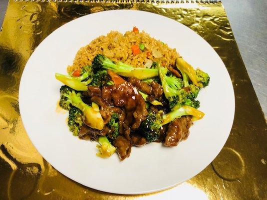 Beef and broccoli with fried rice