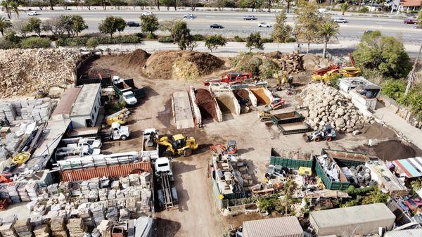 Aerial view of our operation. Here we accept and recycle green waste and wood waste to create our landscape amendments, soils, and toppings.