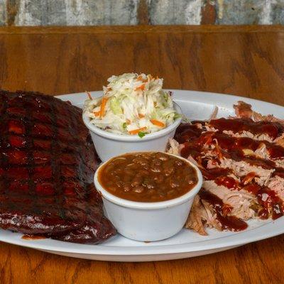 Rib Combo - Half Slab of Ribs, plus your choice of one of the following: pulled pork, beef brisket, sausage, chicken, catfish or shrimp.