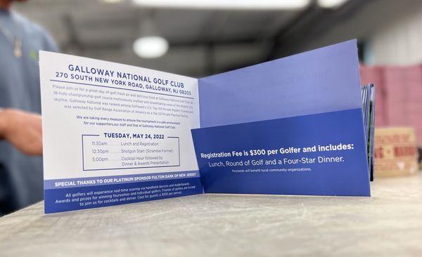 Printed bi-fold direct mail piece with pocket