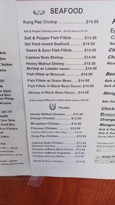 Seafood and poultry menu