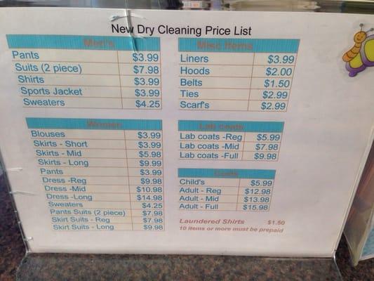 Dry clean prices