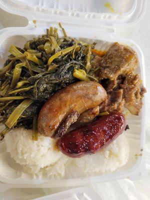 2 meat and veg. Pork belly adobo, morning glory greens, two kinds of longanisa. Ilocano (sour) and standard (sweet)