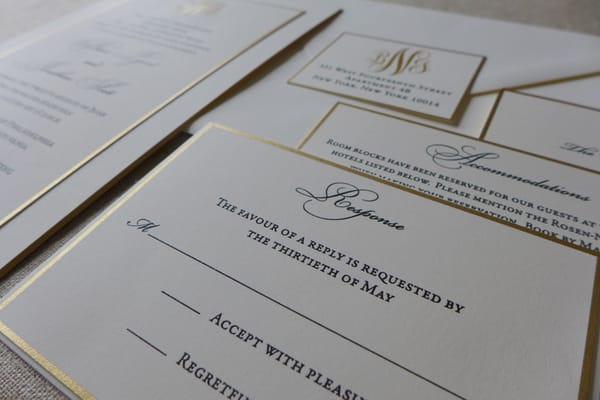 Thermograph and Gold Foil Invitation with Gold Edging