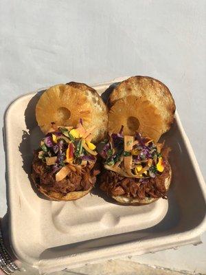 Bbq jackfruit, slaw, and pineapple on a pretzel bun  WHAMMY!