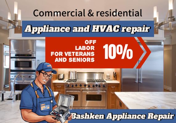 Bashken Appliance Repair local family business - appliance repair near me. 10 % OFF LABOR FOR VETERANS AND SENIORS