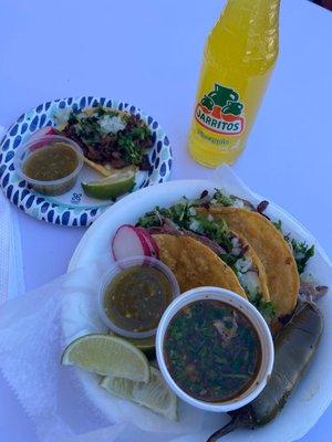 Queso birria tacos w/ consomé & a single carne asada taco