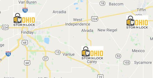 Tiffin and Findlay are self storage facilities are self storage facilities and Carey is a climate controlled storage facility.