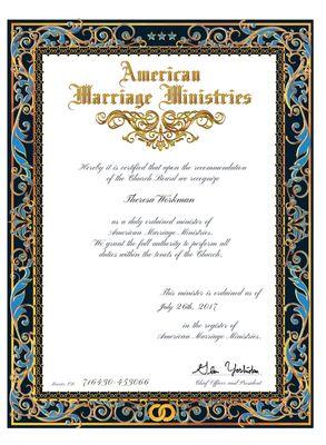 My wedding officiant certificate.