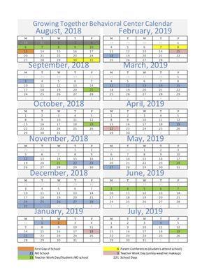 School calendar for the 2018 - 2019 year