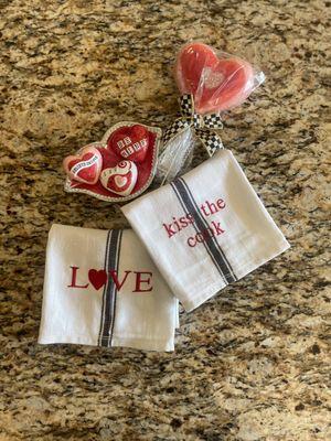 Valentine's Day Custom Embroidered Kitchen towels. Reading love and kiss the cook.