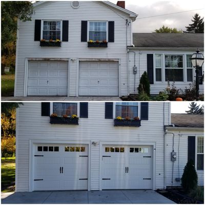 Before and after pictures of nice Amarr carriage house doors.