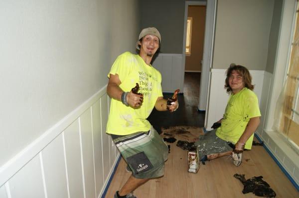 Ray & Brandin staining the entry way.