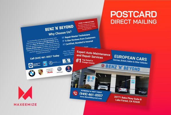 Need a postcard design for direct mailing to promote your small business within the community? We can help! Call (949) 431-0431.