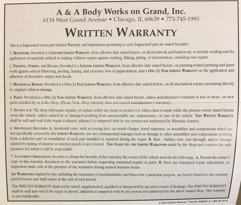 Written Warranty given at completion of Work.