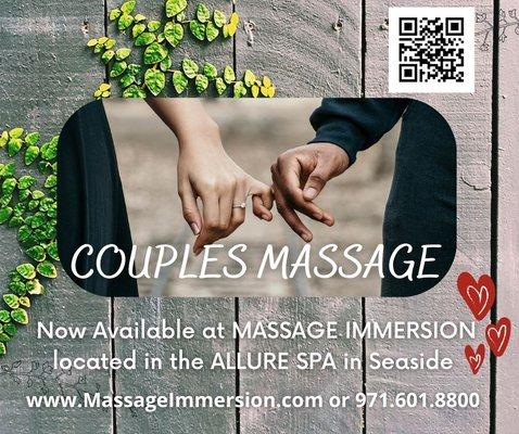 Now offering Couple's Massage.  Make your moments count together.