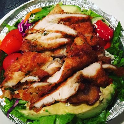 Just another reason to love this place!! "Big D" salad (added avocado) - chicken cutlet bacon and gorg. Huge salad in a tiny tin :)