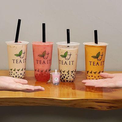 (L-R) Classic MT with boba, Strawberry slush w/ stawberry bursting boba, Classic MT with boba, and Thai tea smoothie w/mango bursting boba