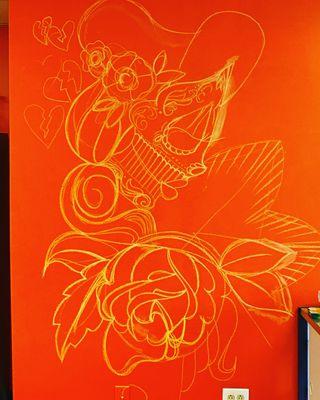 first steps on the wall mural in shop