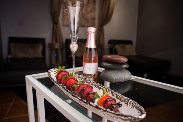 Spa Relaxation Room. Champagne & Chocolate Covered Strawberries For That Special Occasion or Couples Massage