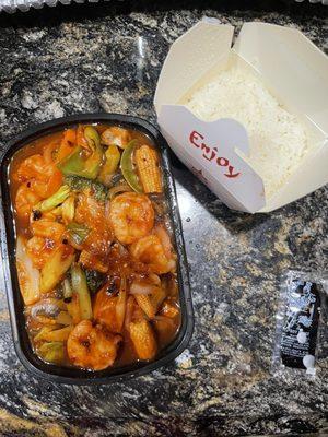 Hunan Shrimp with white rice