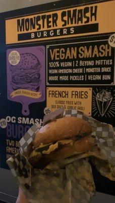 Monster Smash menu and a vegan smash