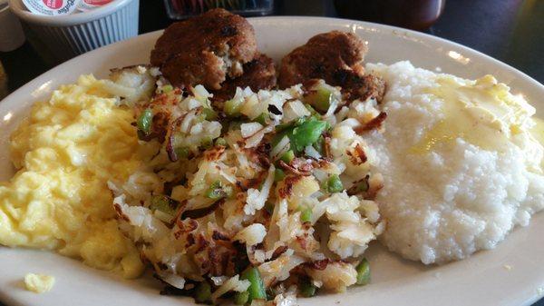 Salmon patties with half hash browns and half grits. Onions and peppers optional.