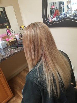 A client we took from a red to blonde ombre to this gorgeous blonde highlights