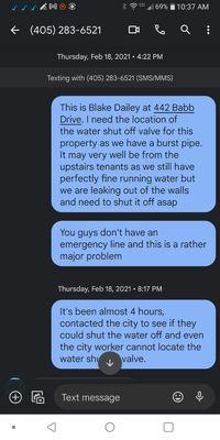 Text conversation with their "Text this number for faster responses" over a busted pipe.