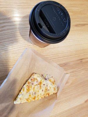 Bacon and cheddar scone with pour over coffee