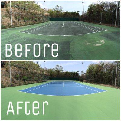 Before and after tennis court resurfacing