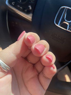 Acrylic gel nails, I love that she was so careful about painting the edges of the tips to match. It drives me nuts when it's not done!