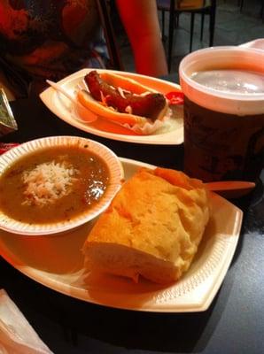 Seafood Gumbo, Hot Sausage and Beer.