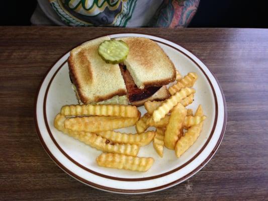 Fried Bologna sandwich with fries