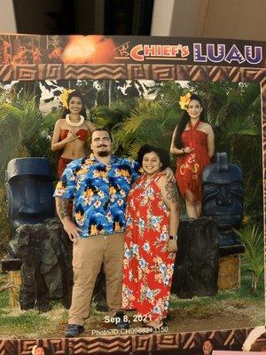 All dressed up for our luau excursion - shirt and dress purchased from the shop!