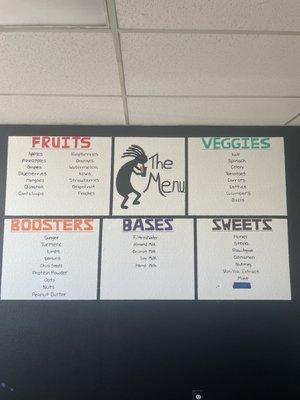 Menu of the Fruits, Veggies and add ins they offer.