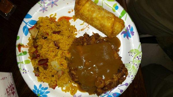 Shrimp egg foo young pork fried rice and the shrimp roll