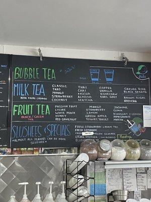 Drink menu: bubble teas, fruit teas and slushies