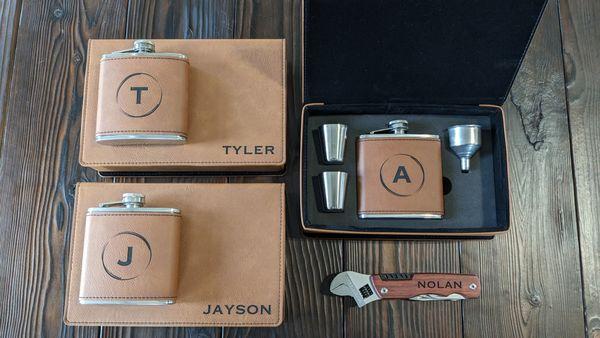 Personalizable leather flasks with a unique leather box that were used as groomsman gifts. These are a fantastic gift that will last.