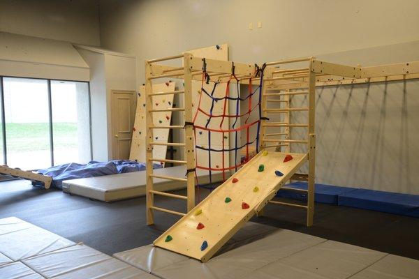 Monkey bars and rock climbing walls.