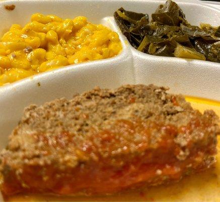 Meatloaf, greens, mac&cheese