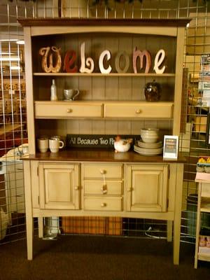 Beautiful hutch and buffet finished in General Finishes Millstone Milk Paint glazed with Spiced Walnut Stain. Top Stained with Spiced Walnut